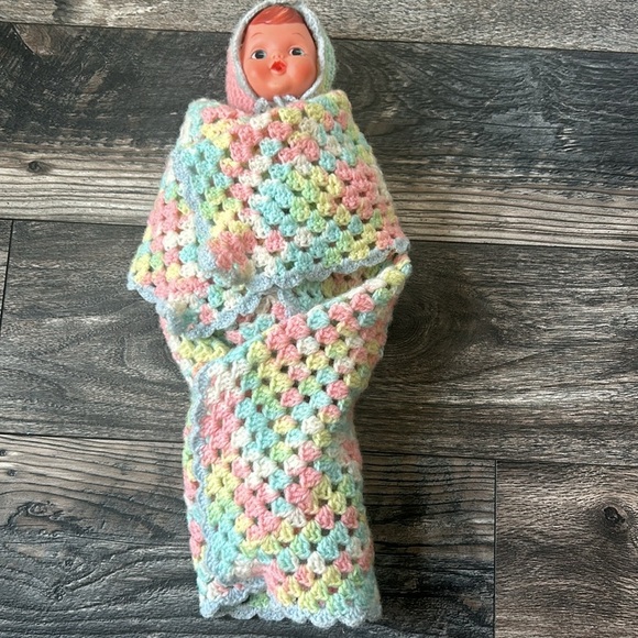 Vintage Crochet Doll with Pastel Patch Blanket Lovey - Picture 3 of 6